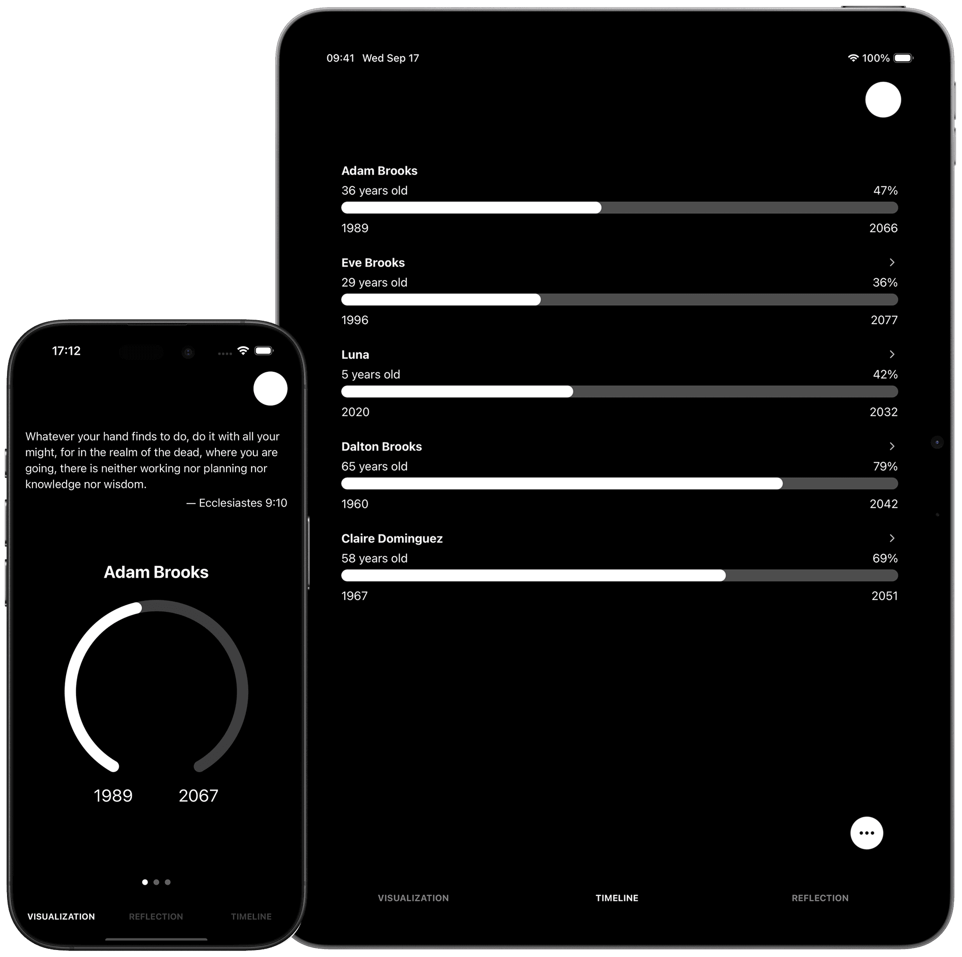 Moment app running on iPhone and iPad showing life timeline visualization